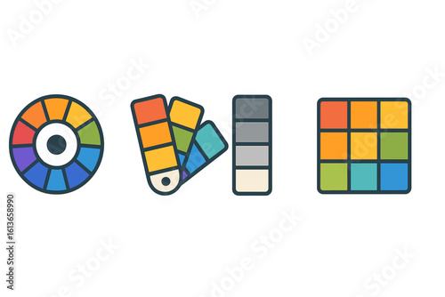 Color theory icon set for graphic design and fashion. Vector illustration of color wheel, swatch book, palette guide, and hue selection tools for artists and designers.