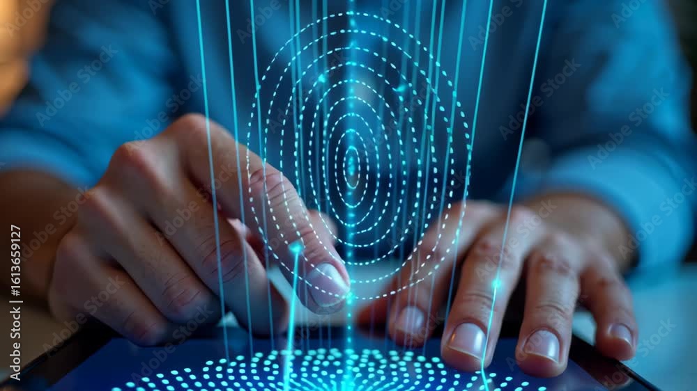 Close-up of male hands using digital tablet with glowing brain hologram, futuristic technology environment for AI, neural network, or innovation videos, 4K, motion.