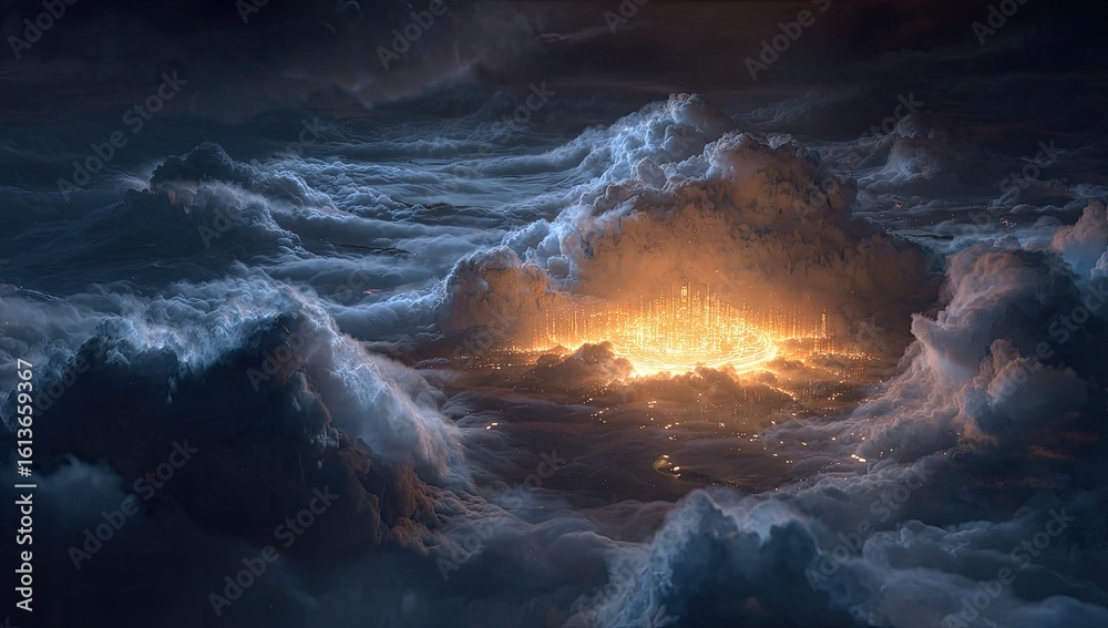 Fototapeta premium A fiery city hidden within a dark, stormy cloud