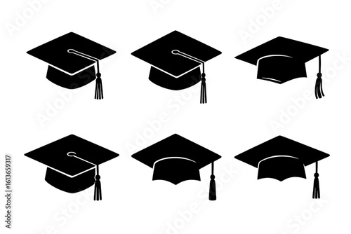 Graduation cap vector icon set. Mortarboard academic hat collection. University, college ceremony symbol. Black silhouette illustration for diploma, degree, and scholar.