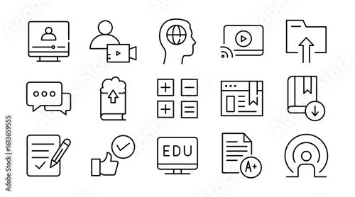 E-learning and education linear icon set. Online class, webinar, student, course, graduation, study, computer, book, certificate, school, training, digital learning vector icon set. UI thin line pack.