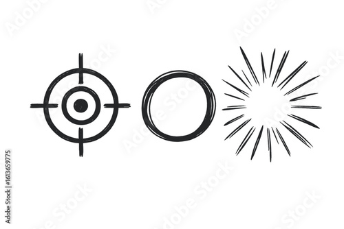Hand drawn sketch elements set. Target icon, highlight circle, and comic motion lines for infographic design, user interface, visual emphasis, doodle, and scribble art.