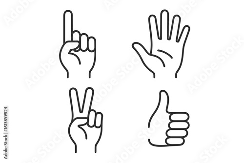 Hand gestures vector line art set. Communication signs collection. Thumbs up, peace sign, pointing finger, open palm. Counting hands. Like, approval, success symbols.