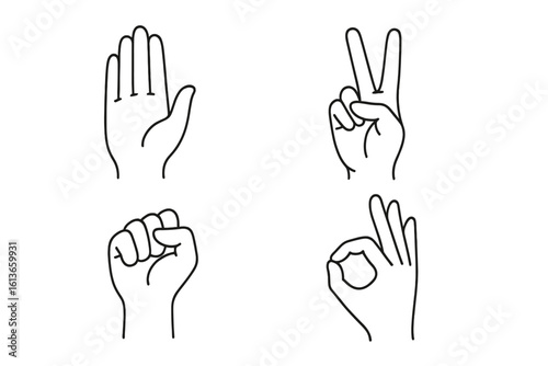 Hand signs and signals vector icon collection. Line art illustration set of gestures: open palm for stop, power fist, victory or peace sign, and OK or perfect symbol.