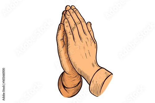 Praying hands gesture. Human hands folded in prayer, supplication, and worship. Concept of faith, hope, love, and spirituality. Christian religious symbol of trust in God.