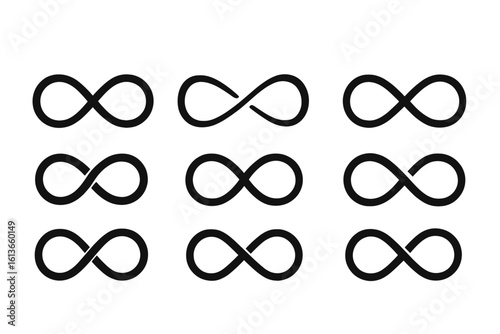 Infinity symbols vector icon set. Modern black minimalist designs. Abstract endless loops and limitless signs. Eternity logo elements for creative graphic concepts.
