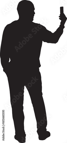   vector; silhouette of back view of a man taking a self-portrait with smartphone