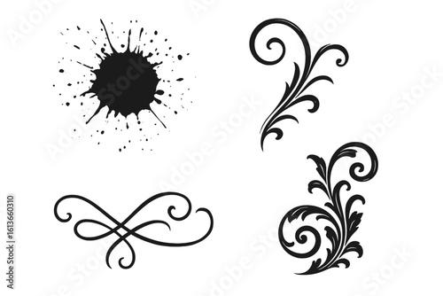 Ink splatter and swirl ornament vector set. Decorative flourish elements perfect for tattoo design. Vintage silhouette for graphic decoration. Grunge inkblot and filigree swirls.