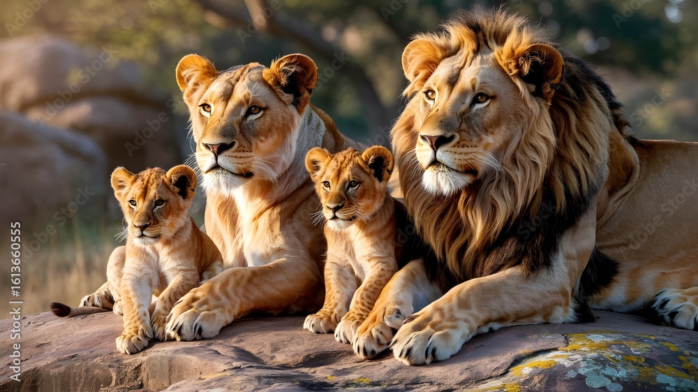 Fototapeta premium Lion Family Resting on Rocky Outcrop
