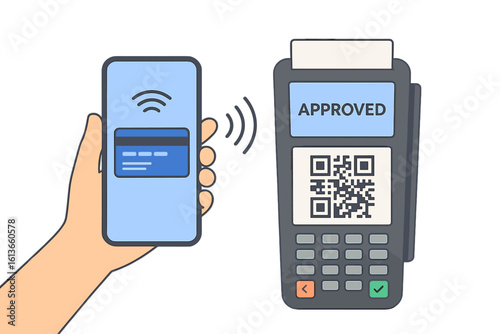 Mobile payment using smartphone credit card. Contactless transaction via NFC technology. POS terminal confirms purchase with approved message and QR code for scan to pay.