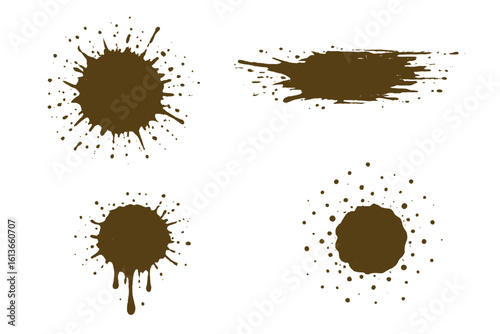 Mud splatter vector set. Dirty liquid drops and stains isolated on white. Grunge effect artistic design element. Abstract texture background. Brown paint splash and spray.