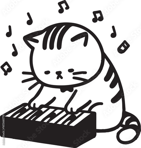 Adorable cat serenading with guitar music notes stars bow tie pet animal illustration cute musician song