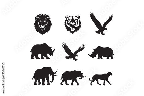 Collection of silhouette icons of majestic african wildlife animals