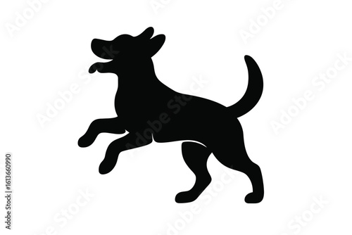 Playful dog silhouette vector illustration. Happy puppy jumping. Pet animal graphic icon for logo design. Isolated black shape on white background. Simple canine element.