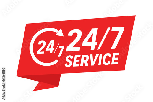 Red banner 24/7 service concept vector illustration. Twenty-four seven open sign. 24 Hours a day and 7 days a week customer support icon. Always on assistance symbol.