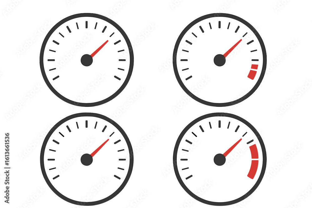 Naklejka premium Speedometer gauge collection with red indicator levels. Performance measurement icons for dashboard UI. Concept of speed, risk, progress, and rating. Vector illustration set.