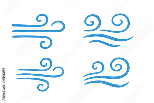 Wind line doodle set. Blue hand drawn wind swirls and gusts. Decorative breeze symbols for weather, nature, and climate. Air flow blowing vector illustration icon.