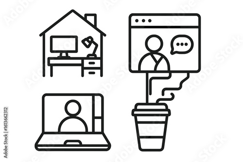 Work life balance outline icon set. Remote work, telecommuting, home office concepts. Vector line icons for freelance, video call, online meeting, flexible job, webinar.