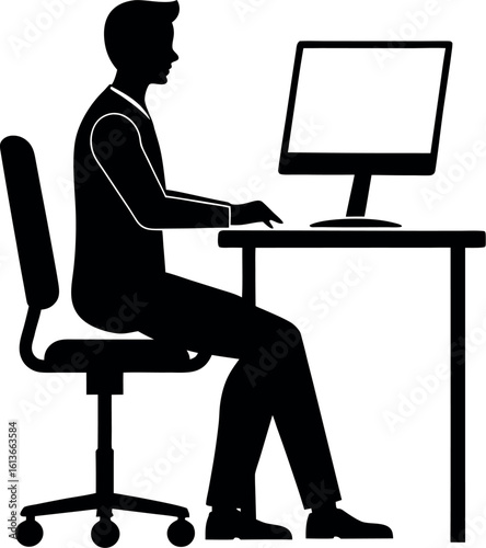 Vector art of a silhouette of a man is sitting at a computer desk, typing on the keyboard, isolated on white background