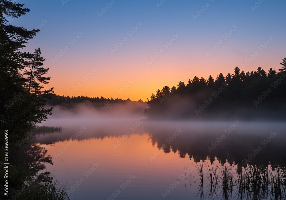 Fototapeta premium 静寂な湖面に映る幻想的な日の出風景