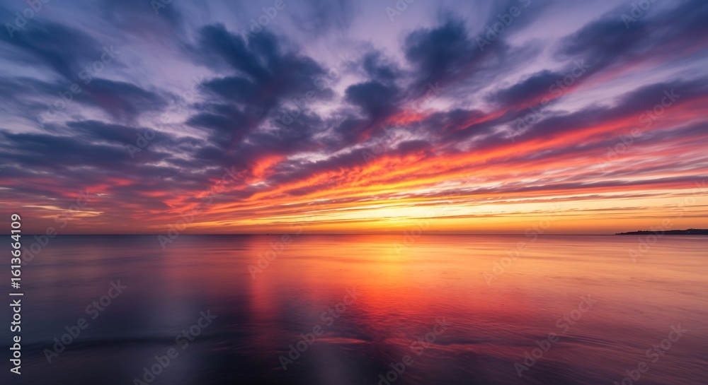 Fototapeta premium 夕焼け空と静かな海が織りなす、燃えるような美しい風景画