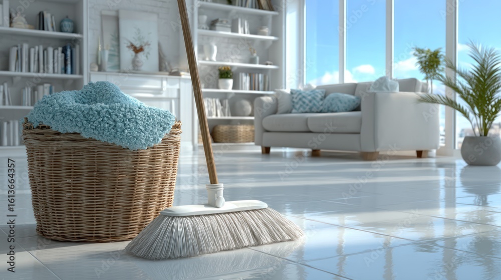 Sparkling Clean Living Room: Modern Home Cleaning Scene with Broom and Laundry Basket Sparkling Clean Living Room: Modern Home Cleaning Scene with Broom and Laundry Basket