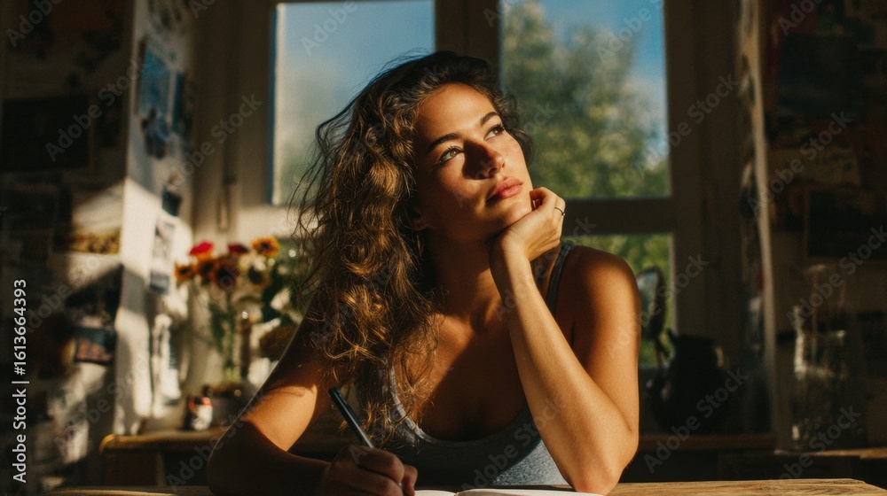 Fototapeta premium Girl Feeling Inspired While Journaling in a Sunlit Room Filled With Warm Rays and Creative Energy During the Afternoon