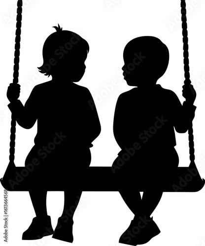 Vector art of two children are sitting on a swing together, enjoying each others company, isolated on white background