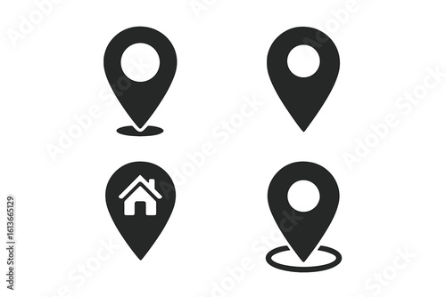 Black location pin icon set, four GPS map markers with house home and target symbols, simple solid geolocation pointers for navigation, mobile app UI, web map, route planning, travel guide design