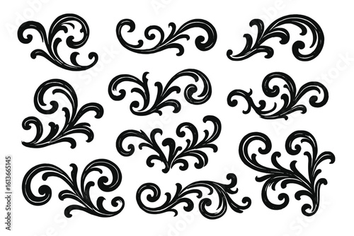 Ornamental black swirl flourishes vector set for invitations, greetings, wedding decor, luxury baroque filigree scroll elements, elegant vintage curls, editable decorative divider collection
