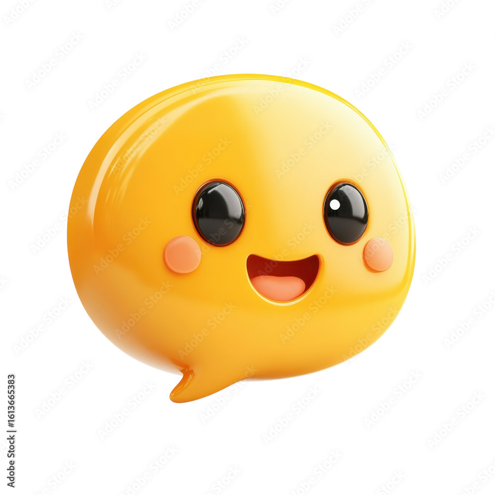 Obraz premium Happy Yellow Speech Bubble with Kawaii Smiling Face Illustration Cute 3D on transparent background