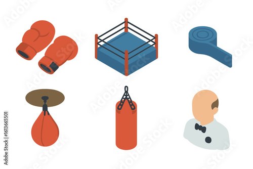 Isometric boxing gear icon pack – red gloves, blue ring, whistle, speedbag, heavy punching bag, bald referee avatar – flat 3D vector illustration for martial arts training, combat sport equipment set