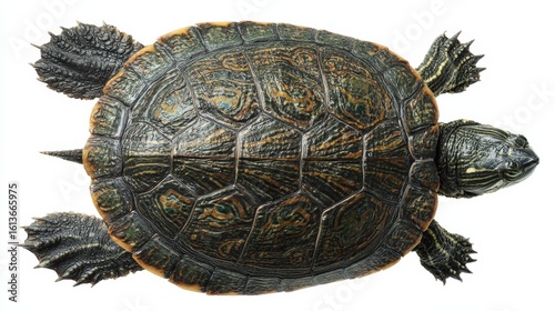 Top view of a freshwater turtle with a patterned shell on an isolated white background