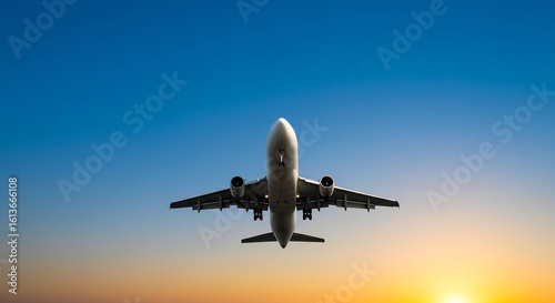 夕焼け空を背景に、旅客機が滑らかに着陸態勢に入る様子。