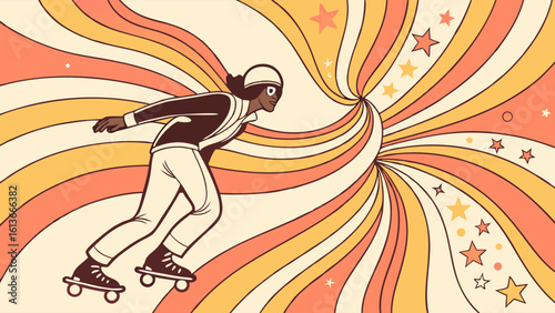 Retro Roller Skating Girl 70s Style Illustration Vintage Groovy Swirl Stars Design Graphic Art Print