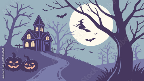 Spooky Halloween night with a haunted house, scary trees, bats, and pumpkins silhouetted against a full moon, perfect for a festive autumn celebration