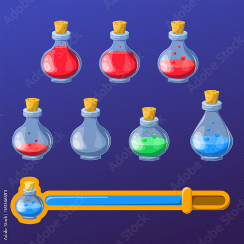Magic potion game icon. Vector design element of mobile app. Toxic liquid in flask with cork. Set of elixir glass bottles. Antidote amount bar.