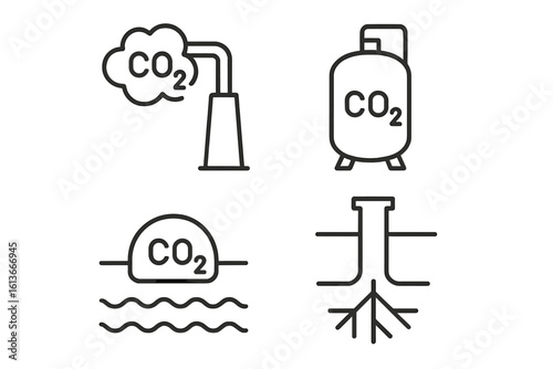 Carbon capture and storage icons set – outline style factory exhaust CO₂ capture pipeline, pressurized gas cylinder tank, subsea carbon sequestration dome, underground injection well technology vector