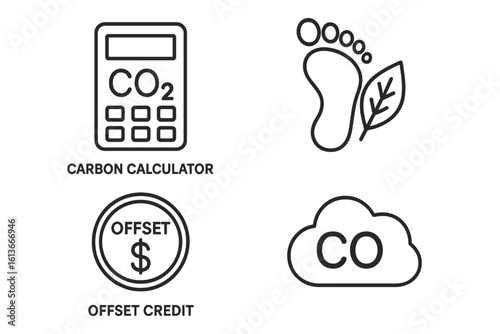 Carbon footprint reduction icon pack—line art calculator CO₂ emission tally, eco footprint with leaf, dollar offset credit, carbon cloud outline, sustainable environment concept vector illustration