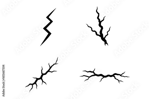 Abstract jagged crack fissure crevice set – 4 black silhouette fracture icons for earthquake damage, broken wall, shattered ground texture, dramatic lightning-style split line art background elements