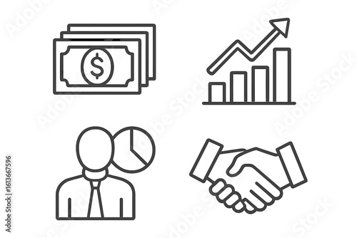 Business and finance line icon set. Vector symbols for success, investment, and partnership. Includes money, profit growth chart, analyst and agreement handshake.