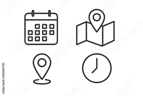 Time, date, and location icon set. Thin line vector symbols for calendar schedule, appointment reminder, event deadline, map navigation pin, address, and clock or timer.