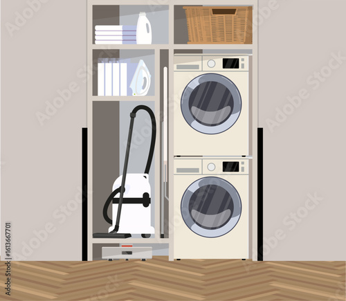 Utility Cupboard for storage, washing machine, dryer, robot vacuum cleaner, ironing board.