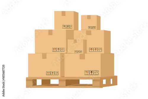Cardboard boxes on a wood pallet. Warehouse stack front view. Cargo delivery vector illustration. Packaging, shipping, parcel and logistics concept. Goods storage.