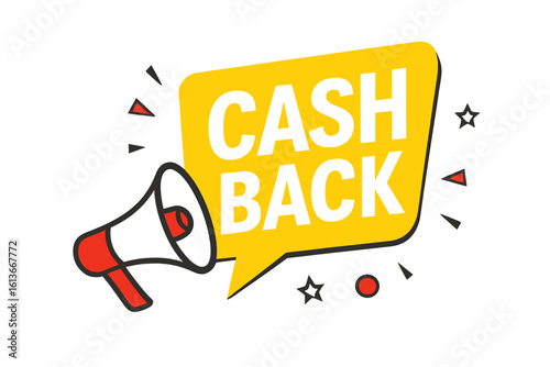 Cash back offer announcement with megaphone. Vector banner for promotion, sale, and advertising. Money refund loyalty program icon. Financial bonus symbol illustration.