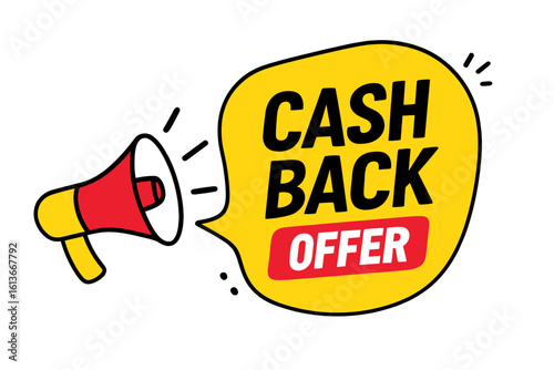 Cash back offer announcement with megaphone. Money refund promotion for shopping and retail. Financial bonus advertising banner. Vector loyalty program icon illustration.