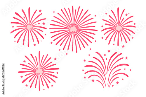 Pink and red fireworks burst set, festive explosive sparkle display with glowing stars on white isolated background, holiday celebration, party event decoration, New Year, Fourth of July vector