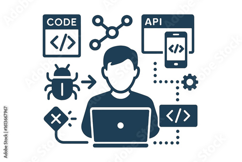 Programmer at laptop concept illustration. Coder develops app, fixes bugs. Software development workflow with API, code, and node connections. Vector icon set.