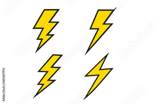 Yellow lightning bolt icon set of 4, dynamic electricity flash symbols, thunder power energy strike, electric bolt graphics for warning sign, superhero speed concept vector illustration