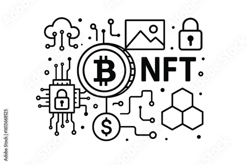 Cryptocurrency and NFT concept. Vector line icon set for decentralized finance and blockchain technology. Bitcoin, fintech, digital token, data security and encryption design.